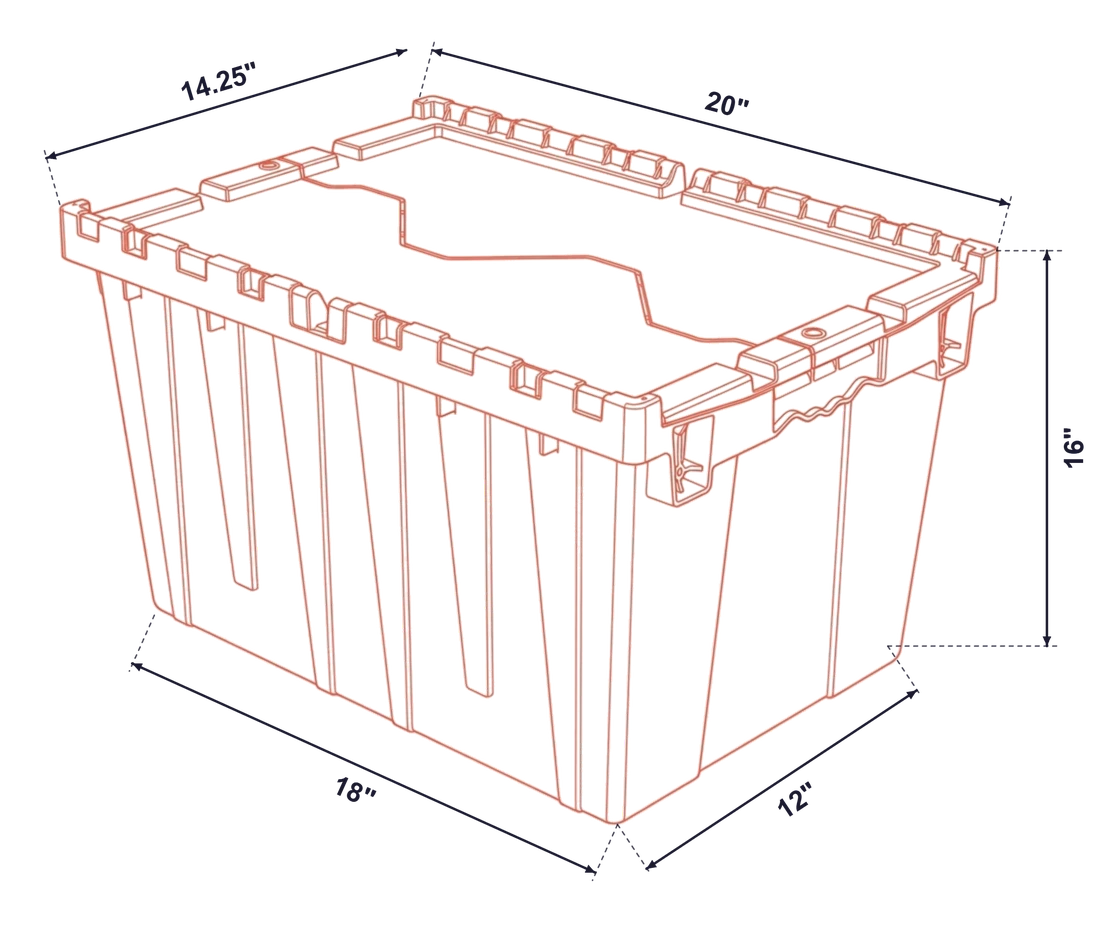 Packd moving tote dimensions: 20 by 14.25 inch top opening, 18 by 12 inch base, 16 inches tall, with attached hinged lid